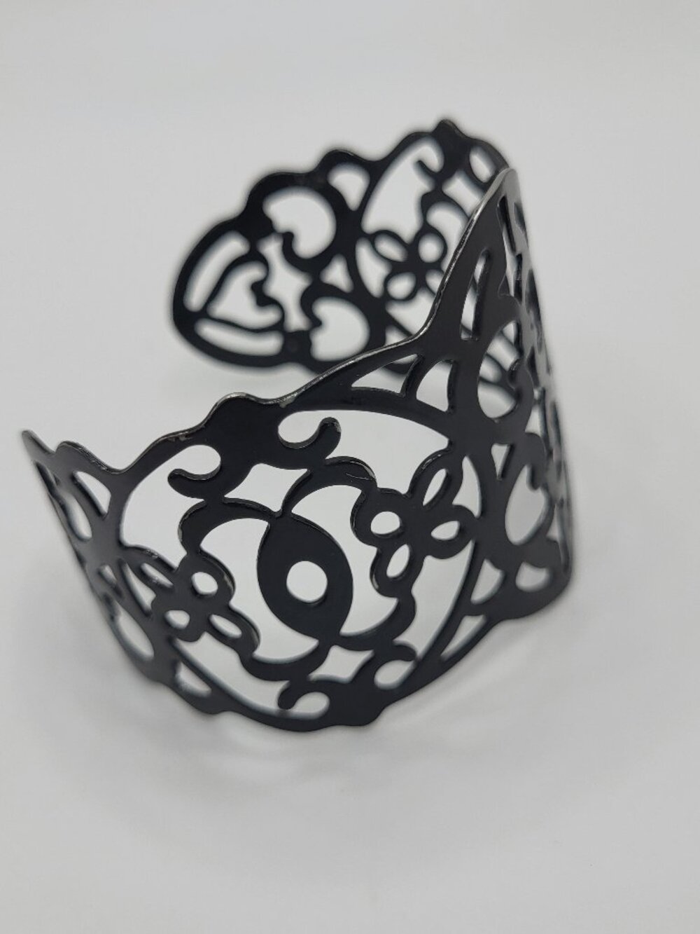 Black Enamel Adjustable Open Work Cuff Bracelet - Picture 2 of 7